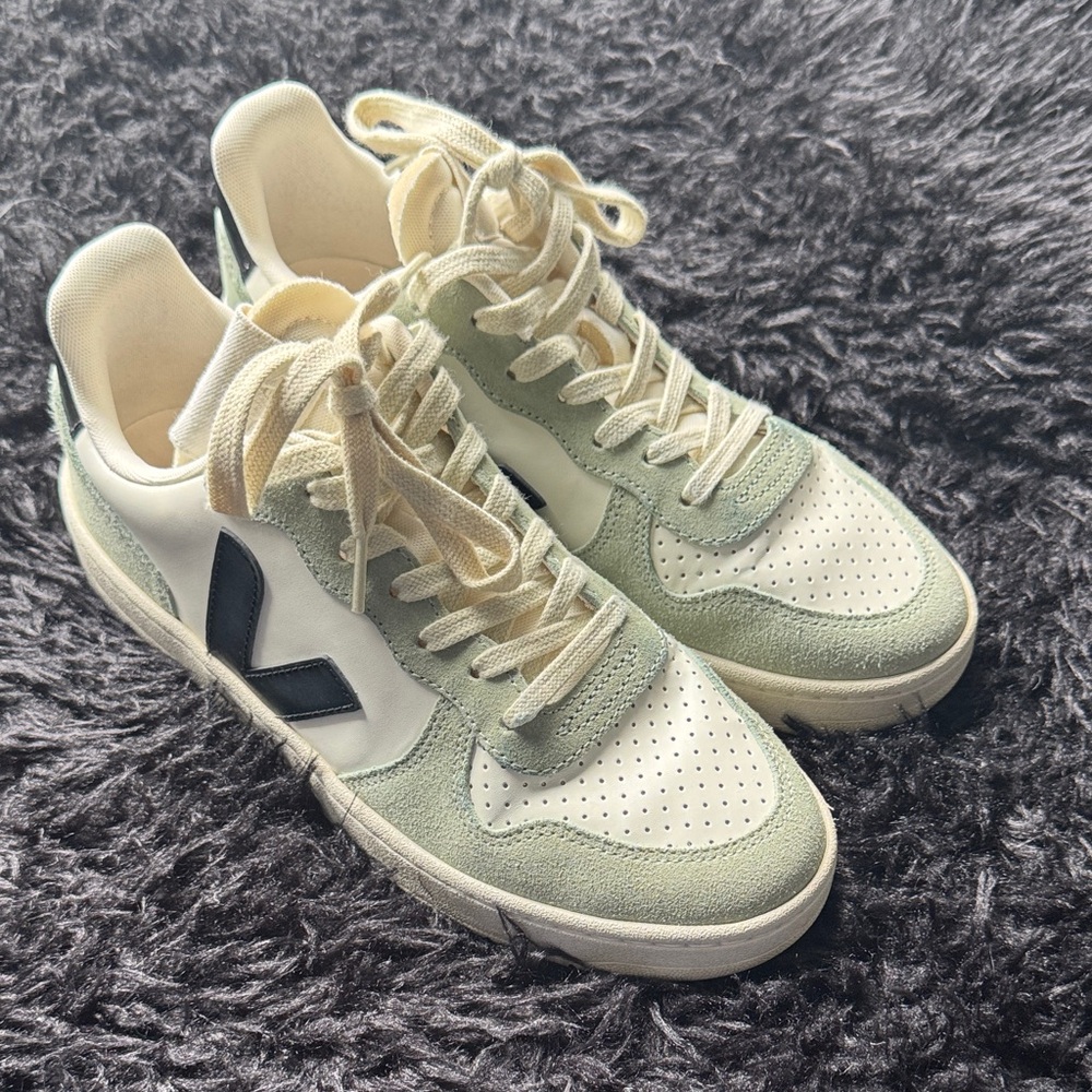 Veja V-10 Low-Top Sneakers in Mint Green, White & Black